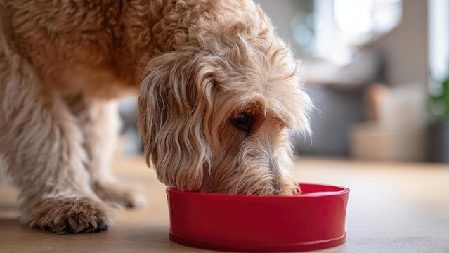 A fluffy light-brown dog licking food from a red bowl on the floor. Concept Fluffy brown dog, Dog licking food, Red bowl, Floor scene, Pet photography