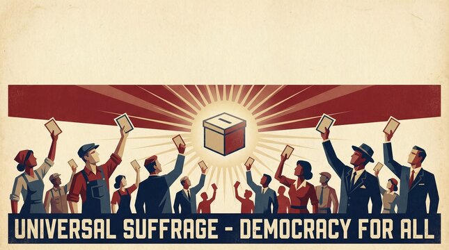Ilustraci&oacute;n de cartel sobre sufragio universal con manos diversas alzando papeletas de voto en estilo retro y textura vintage. Concepto de democracia, igualdad y derechos humanos con espacio de copia.
