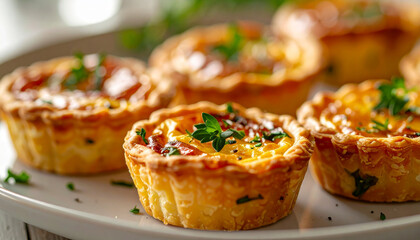 Mini quiches on plate, savory finger food, appetizing snack. Cooking and culinary concept.