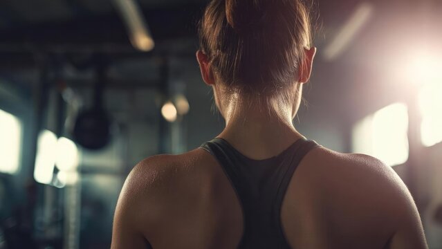 Back view of a sweaty woman in a gym, wearing a dark racerback tank top. Concept Gym workout, Back view, Sweat details, Racerback tank, Fitness focus