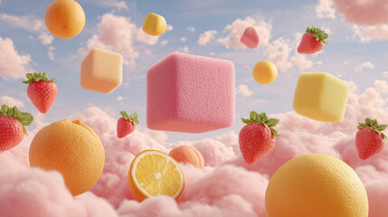 Surreal scene with floating objects, impossible physics, joyful chaos bright colours, quirky details, whimsical humor