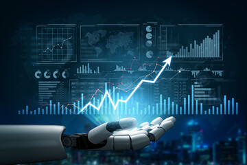 A futuristic robotic hand showcases data visualization elements like graphs and charts,...