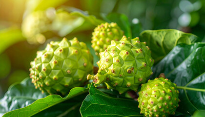 Fototapeta premium Organic noni fruits on green leaves, herbal food for health care, vibrant colors, natural light.