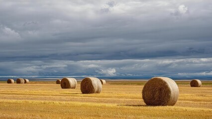 Fototapeta premium Golden field with several large round hay bales scattered across a flat rural landscape under dark, dramatic clouds. Concept Golden Field, Hay Bales, Rural Landscape, Dramatic Clouds, Moody Lighting