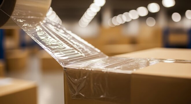 Packaging cardboard box with clear adhesive tape in warehouse for shipping and logistics - Powered by Adobe