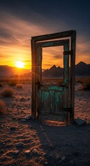 Weathered wooden doorway stands alone in arid landscape against brilliant sunset