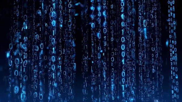Falling blue binary code cascades in a digital, abstract rain on a dark background