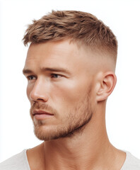 A man with a Textured French Crop haircut, high skin fade on the sides, messy jagged texture on top, ash brown hair, plain white background