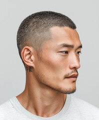 A Korean man with an Overgrown Buzz Cut, muted graphite grey metallic hair color, subtle minimalist hair tattoo line on the side, plain white background