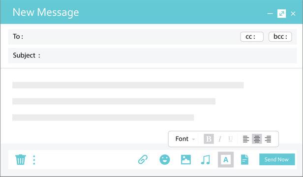 Email page interface Email message template. Mockup blank mail screen window. Browser interface with with send form of mail box.