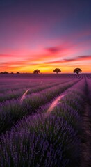 Rowed purple flowering plants stretch toward a dramatically colored horizon during twilight hours