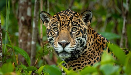 Close-up of a majestic spotted big cat in lush green foliage, looking directly at the viewer