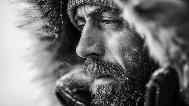 Close-up of a bearded man in a fur-lined hood, eyes closed, snow on his face in a black-and-white winter portrait. Concept Black-and-white winter portrait, Close-up beard and fur-lined hood