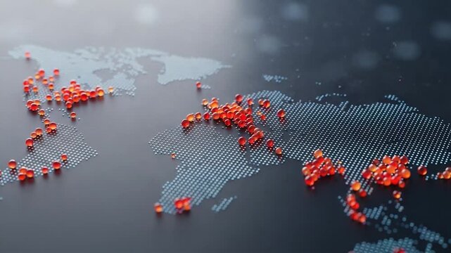 Global Outbreak: A vivid illustration of a world map densely punctuated with red markers, symbolizing the far-reaching impact of a global issue, highlighting the interconnectedness of our world