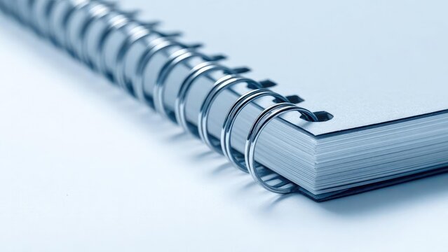 Close-up of a spiral-bound notebook with metal rings and stacked pages. Concept Spiral-bound notebook close-up, Metal rings and stacked pages, Macro shot of paper texture, Writing notebook detail