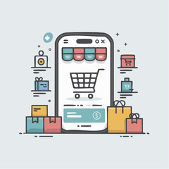 Online Shopping and E-commerce Concepts with Mobile Phone and Shopping Cart Illustration
