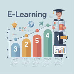 Dynamic infographic showcasing the journey of digital education and academic growth, with a joyful graduate symbolizing successful learning outcomes