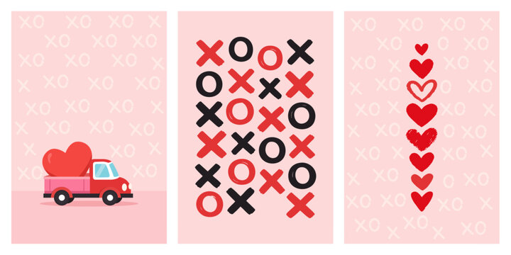 Valentines day xo heart patterns set with cute love illustrations
