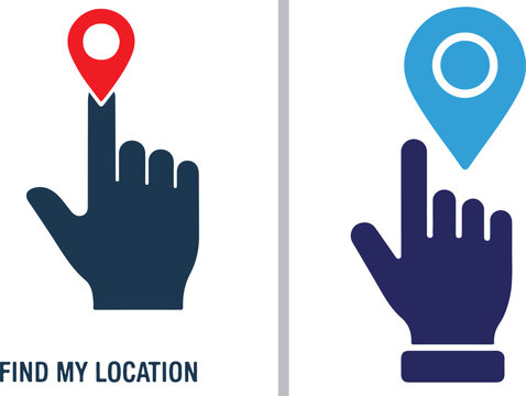 Two-panel vector showing a hand pointing at a red location pin and a second hand beneath a blue pin with the text "FIND MY LOCATION," symbolizing GPS search and positioning.