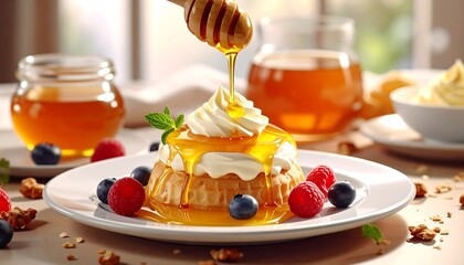 A dessert plate with a stack of sweet cream, berries and flowing honey