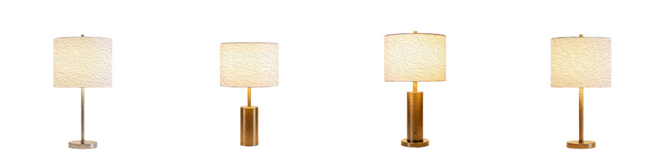 Set of Four Modern Table Lamps with Gold Bases and Fabric Shades PNG with Oil Paint Effect Isolated on White Background