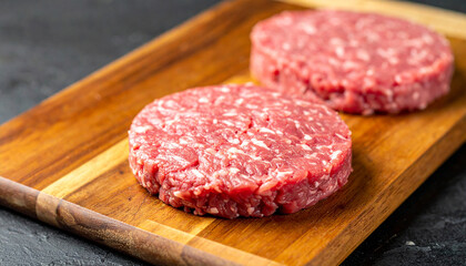 Raw veal cutlets on chopping board before cooking, preparation for hamburgers and other dishes