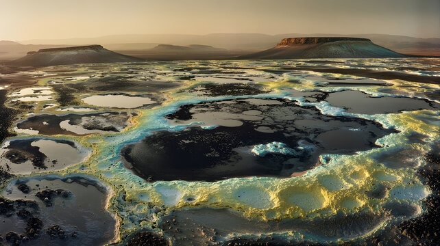 Aerial view of colorful geothermal hot springs and mineral deposits in the dallol volcanic area, danakil depression, ethiopia, a surreal and alien landscape