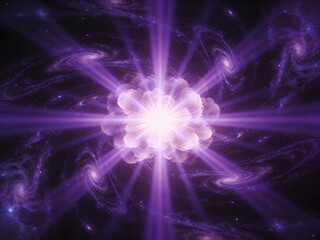 Purple radial light burst from center, glowing energy rays, soft bloom, cosmic abstract background, high depth contrast.