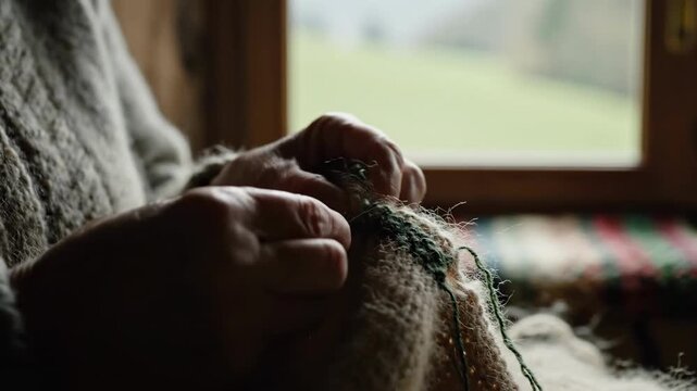 Person Darning Woolen Socks by Hand.
