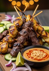 Grilled meat and poultry skewers served with peanut dipping sauce and fresh garnishes