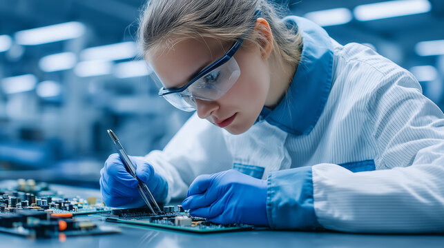 Focused Woman Engineer Assembling Electronic Circuit Board
