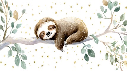 Fototapeta premium Watercolor Illustration Cute Baby Sloth Sleeping on Tree Branch Watercolor Illustration. Whimsical Nursery Art and Wildlife Concept. Sleeping sloth on a tree branch with a celestial pastel background