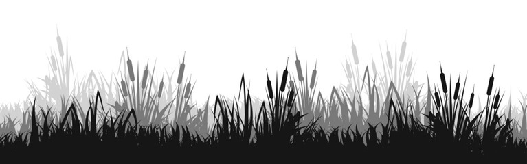Naklejka premium Meadow silhouette with grass, plants on plain. Panoramic summer lawn landscape with herbs, various weeds. Herbal border, frame element. Black horizontal banners. Vector illustration