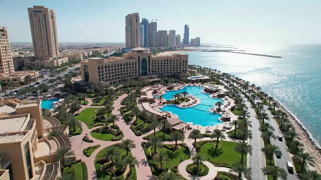 Aerial view of coastal cityscape with high-rise buildings