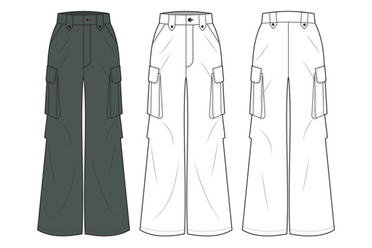  cargo pant technical fashion illustration. baggy parachute trouser illustration. flat sketch pant CAD drawing template, pockets, buttons, sketch drawing, mockup.