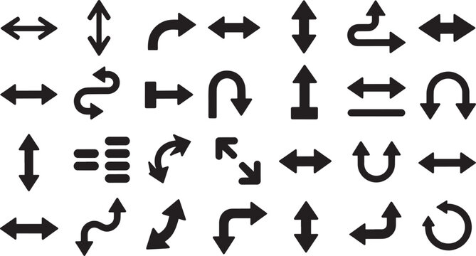 Various black arrows on white background direction symbols navigation
