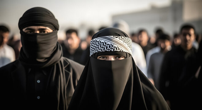 Muslim women wearing niqab and burqa in a crowd