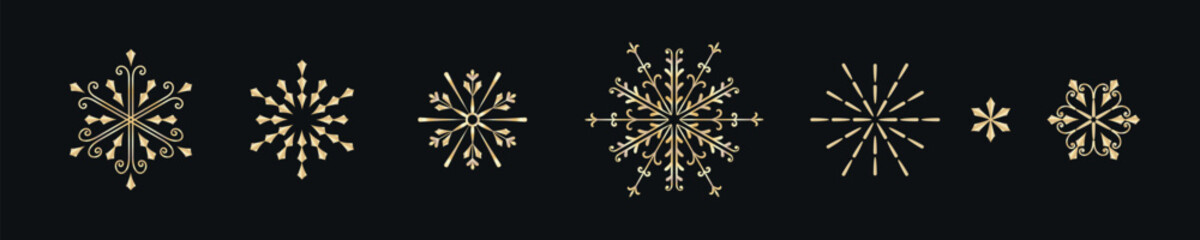 set of golden snowflakes for Christmas decoration. Shiny gold snowflakes, various abstract and geometric patterns. Beautiful snowflakes isolated on black background © VectorAsset Hub