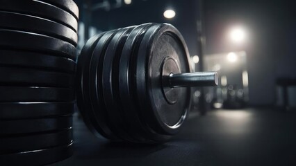 Close-up of a barbell loaded with heavy black weight plates in a dimly lit gym. Concept Barbell, Black Weight Plates, Heavy Lifting, Dimly Lit Gym, Close-Up