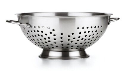 Stainless steel kitchen colander with two side handles and a pedestal base. Concept Stainless Steel Colander, Double Handle Design, Pedestal Base, Dishwasher Safe, Ventilated Perforations