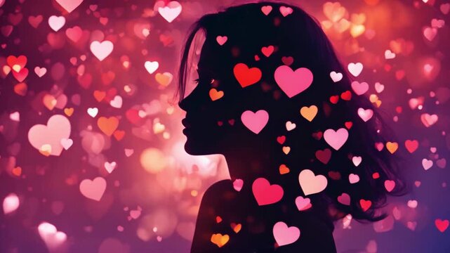 Silhouette of a woman adorned with abstract hearts and vibrant light patterns, bokeh hearts backdrop for love, wedding, or valentine's themes