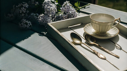 Cup of coffee and vintage spoons on a wooden table.
