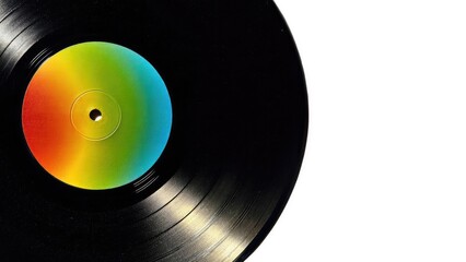 A close-up of a black vinyl record with a rainbow-colored label at its center. Concept Close-up vinyl record, Rainbow center label, Black vinyl LP, Analog music detail, Center label colors