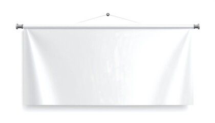 A blank white horizontal banner hangs, secured by a rod and cord, ready for text