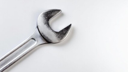 Close-up of a silver wrench on a white background. Concept Close-up Tool Photography, Silver Wrench Macro, White Background, Industrial Details