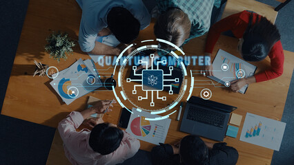 A diverse team collaborates at a wooden table, surrounded by data visuals and computer graphics, illustrating the merging of technology and teamwork in a vibrant office environment. Trope