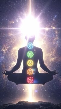 Meditation silhouette with illuminated chakras, cosmic energy and spiritual glowing seven point