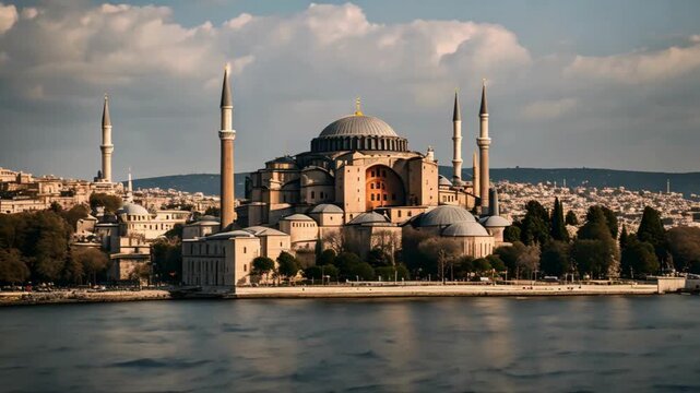 Hagia Sophia at Sunset Iconic Istanbul Landmark, The Hagia Sophia in Istanbul is covered in snow at dusk, Ramadan background animation concept, silhouette of hagia sophia mosque with night sky 