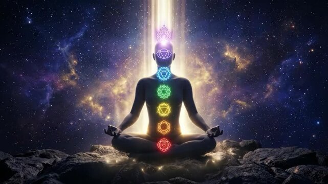 Meditative silhouette with glowing chakras crown and third eye cosmic light beam serene chakra
