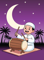 Naklejka premium A happy Muslim boy playing a traditional drum under a crescent moon and stars at night, with palm trees in the background.